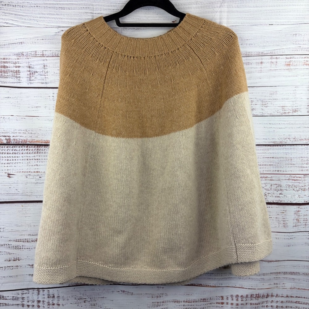 Boden Tan Cream Colorblock Wool Alpaca Blend Poncho Sweater M WV064